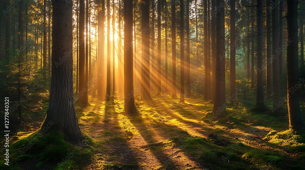 Fototapeta premium Sunbeams Illuminate a Misty Forest Path