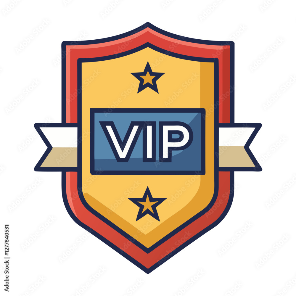 VIP Badge Vector with Stars and Ribbon Banner, A bold vector illustration of a VIP badge with stars, a yellow and red shield, and a ribbon banner, symbolizing exclusive access.
VIP Badge Vector with Stars and Ribbon Banner, A bold vector illustration of a VIP badge with stars, a yellow and red shield, and a ribbon banner, symbolizing exclusive access.