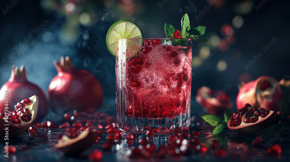 Refreshing pomegranate juice cocktail with lime and mint, garnished with fresh pomegranate seeds. vibrant drink perfect for summer gatherings Refreshing pomegranate juice cocktail with lime and mint, garnished with fresh pomegranate seeds. vibrant drink perfect for summer gatherings