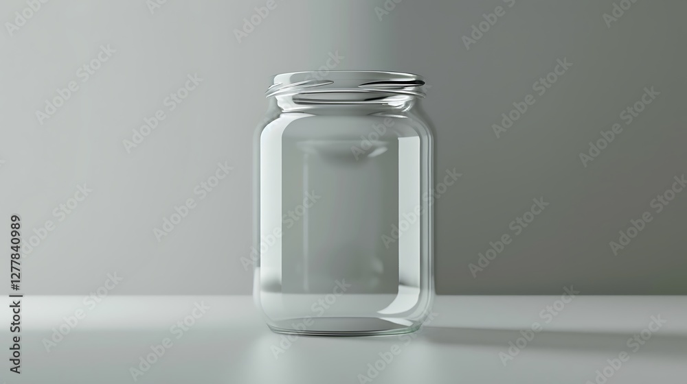 An empty jar on a smooth gray background, capturing light reflections An empty jar on a smooth gray background, capturing light reflections