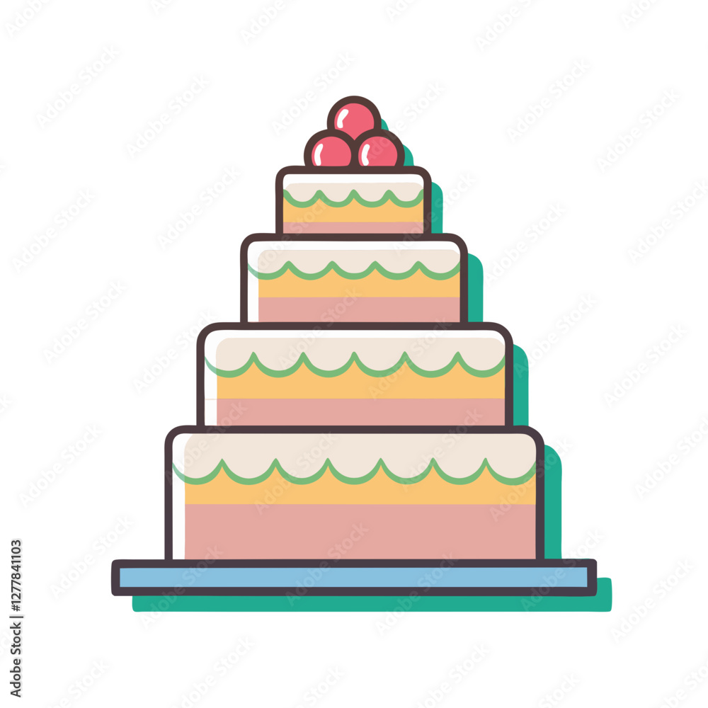 Decorative Wedding Cake Vector with Pink and Yellow Layers, A vector illustration of a four-tier wedding cake featuring pink, yellow, and white layers, topped with red berries.
Decorative Wedding Cake Vector with Pink and Yellow Layers, A vector illustration of a four-tier wedding cake featuring pink, yellow, and white layers, topped with red berries.