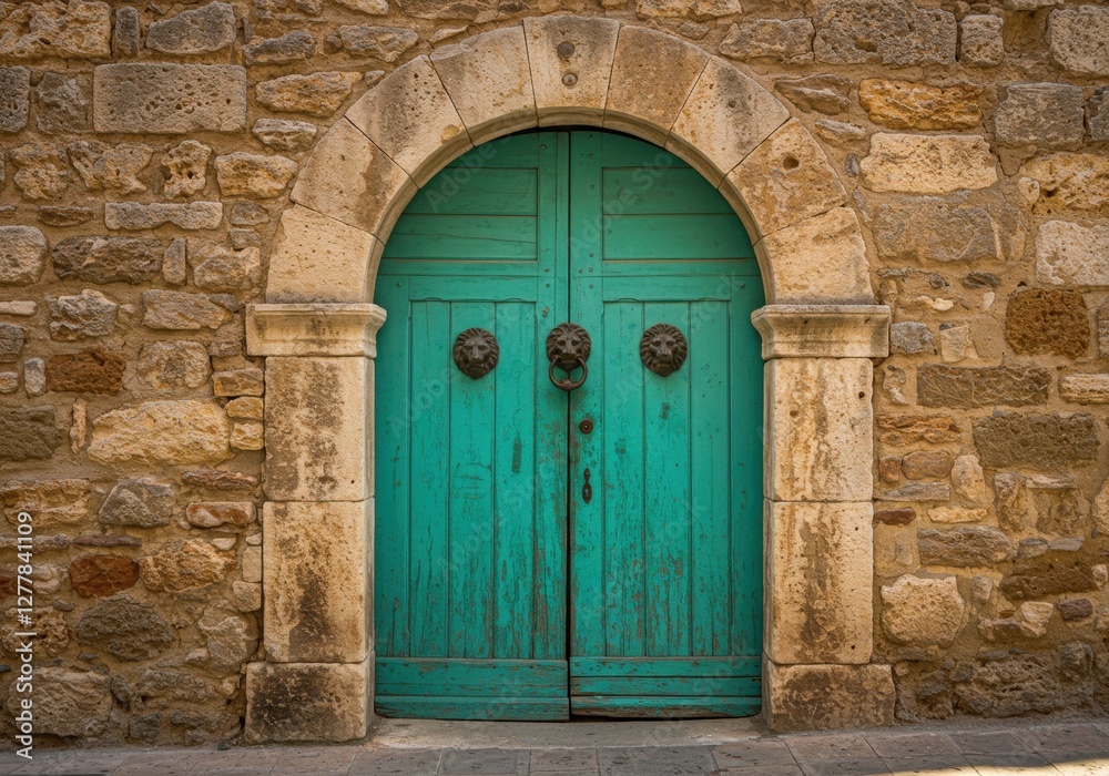 Rustic turquoise door in a historic stone wall: captivating architecture and mediterranean charm Rustic turquoise door in a historic stone wall: captivating architecture and mediterranean charm