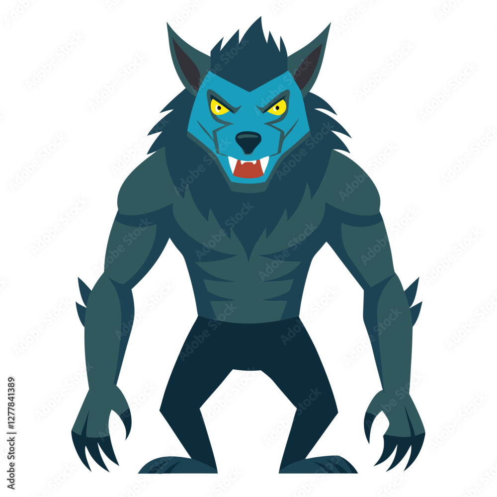Cartoon Werewolf with Blue Fur and Sharp Teeth Vector, A cartoon vector illustration of a werewolf with blue fur, yellow eyes, sharp teeth, and a muscular build, perfect for Halloween or fantasy desig Cartoon Werewolf with Blue Fur and Sharp Teeth Vector, A cartoon vector illustration of a werewolf with blue fur, yellow eyes, sharp teeth, and a muscular build, perfect for Halloween or fantasy desig