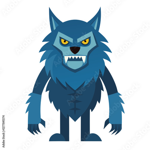 Cartoon Werewolf with Blue Fur and Sharp Teeth Vector, A vector illustration of a cartoon werewolf with blue fur, yellow eyes, and sharp teeth, perfect for Halloween or fantasy designs.
