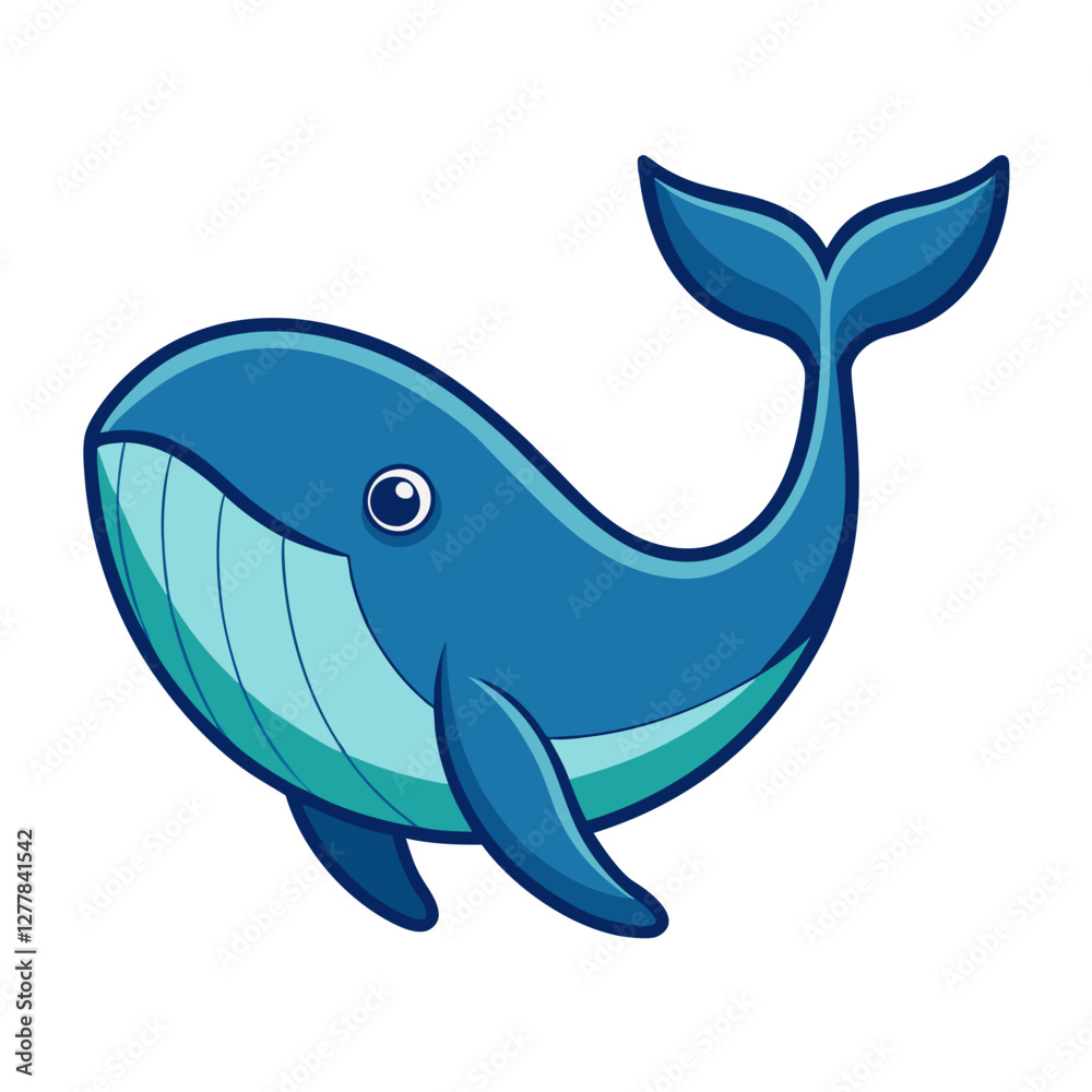 Naklejka premium Cartoon Whale with Blue Body Vector Illustration, A cute vector illustration of a cartoon whale with a blue body, smiling face, and flowing tail, perfect for ocean or animal themes. 