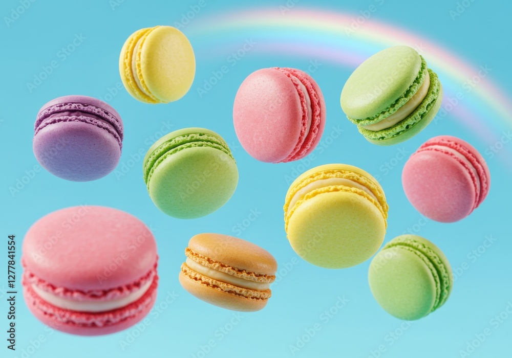 Fototapeta premium Colorful macarons floating under a vibrant rainbow in blue sky