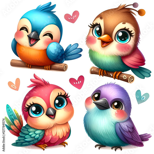 Watercolor Clipart set of a colorful funny and cute bird. Watercolor clipart illustration isolated on a white background