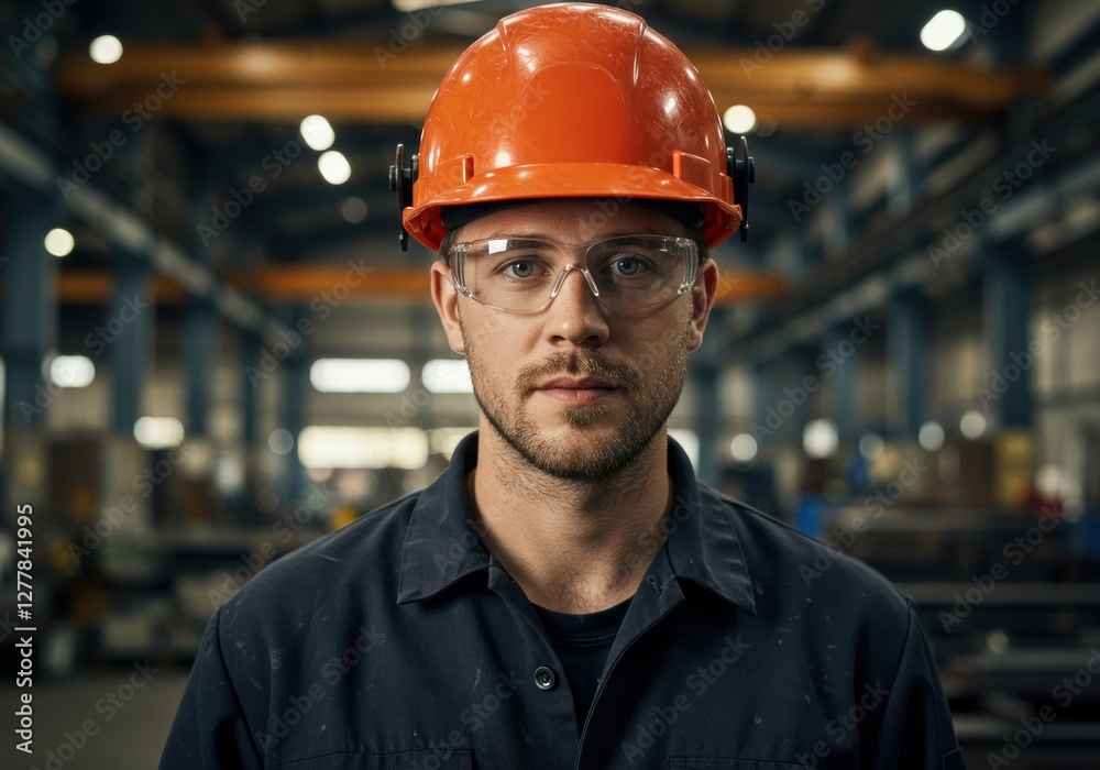 Confident engineer with safety gear in industrial setting Confident engineer with safety gear in industrial setting