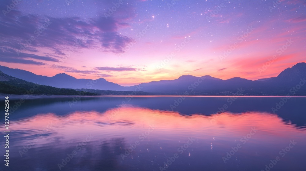 Fototapeta premium Ripples on a mirror calm lac de Codole in the Balagne region of Corsica at dawn with a pink and purple star filled sky