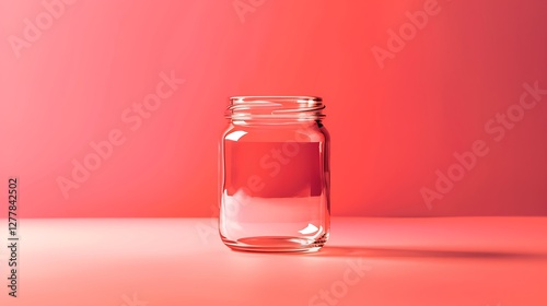 An empty jar placed in the center of a bright coral backdrop, drawing attention