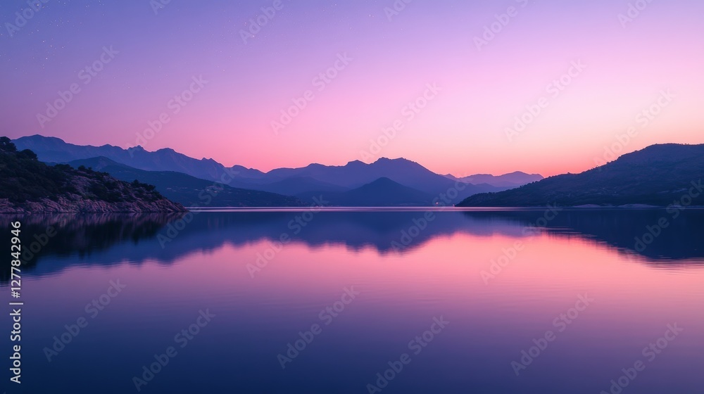 Ripples on a mirror calm lac de Codole in the Balagne region of Corsica at dawn with a pink and purple star filled sky Ripples on a mirror calm lac de Codole in the Balagne region of Corsica at dawn with a pink and purple star filled sky
