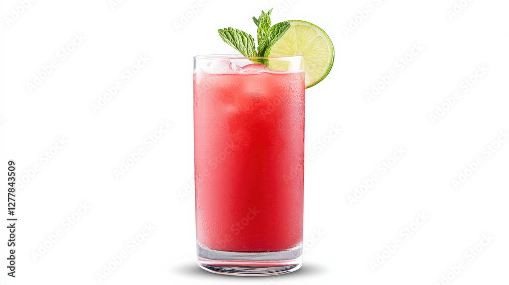 Refreshing pink watermelon juice served in tall glass with ice, garnished with mint leaves and lime slice, perfect for hot day Refreshing pink watermelon juice served in tall glass with ice, garnished with mint leaves and lime slice, perfect for hot day