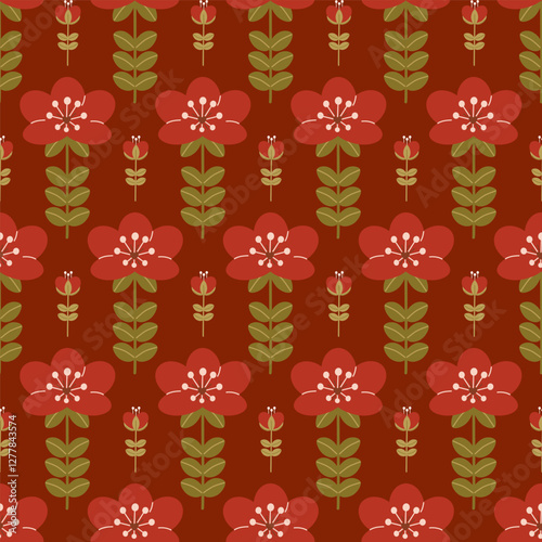 A bright pattern with a fantasy red flower and a smaller bud next to it.