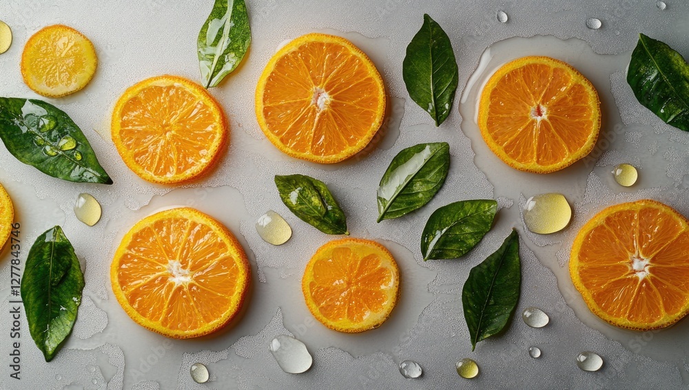 Fresh orange slices with leaves on wet gray surface Fresh orange slices with leaves on wet gray surface