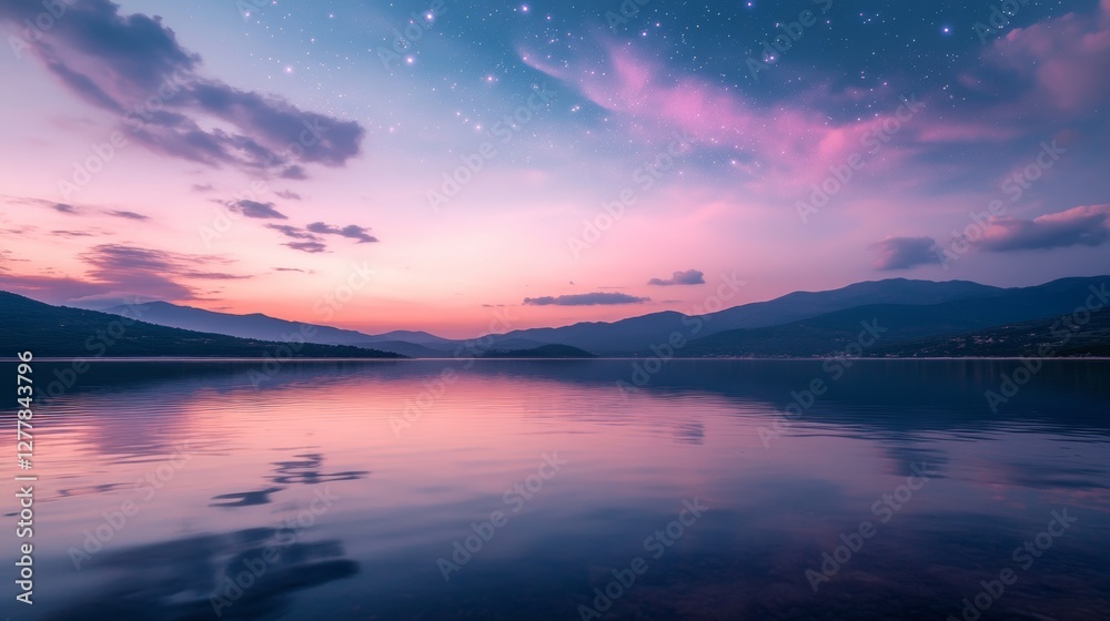 Ripples on a mirror calm lac de Codole in the Balagne region of Corsica at dawn with a pink and purple star filled sky