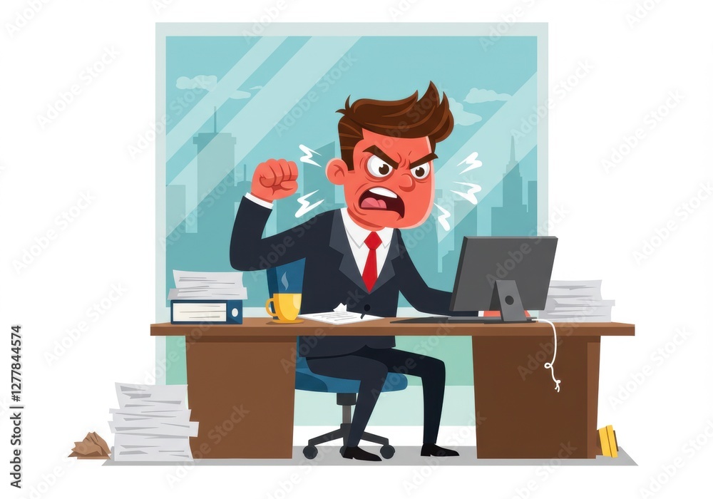 Frustrated businessman yelling at laptop in office surrounded by paperwork Frustrated businessman yelling at laptop in office surrounded by paperwork