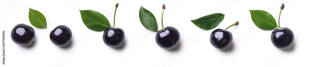 Dark cherries with leaves, white background, food photography, recipe website Dark cherries with leaves, white background, food photography, recipe website