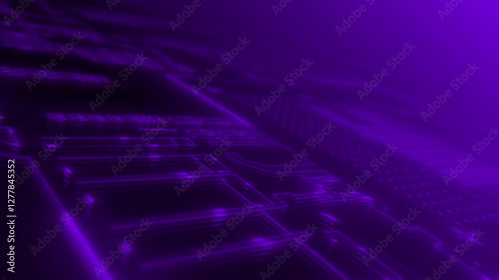 Purple color moving  glowing hi-tech mother board chip with empty space futuristic sci-fi loop able technology background