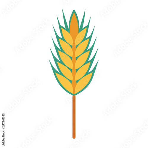 Stylized Wheat Ear with Yellow Grains and Green Leaves Vector, A simple vector illustration of a stylized wheat ear with yellow grains and green leaves, representing agriculture and harvest.
