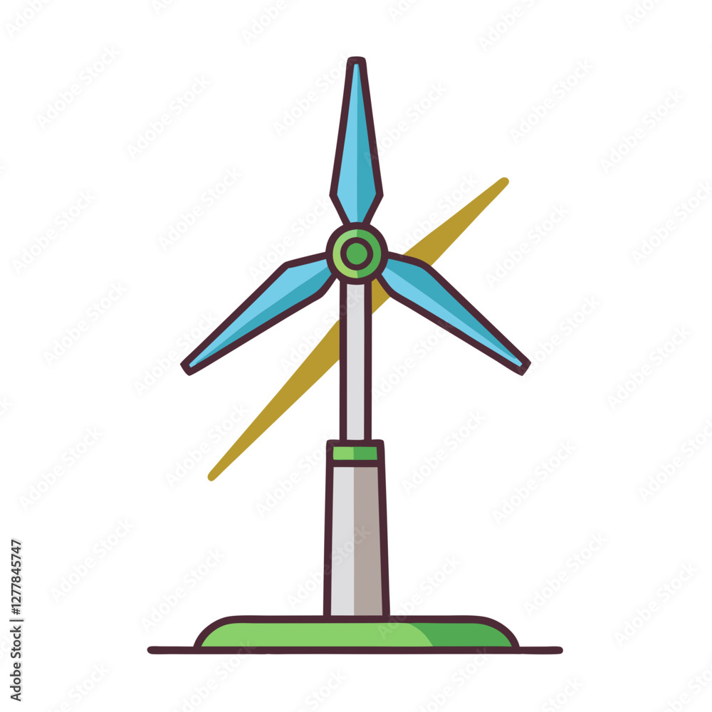 Wind Turbine with Green Base and Spinning Blades Vector, A vector illustration of a wind turbine with blue blades, a green base, and a spinning motion effect, symbolizing renewable energy.
Wind Turbine with Green Base and Spinning Blades Vector, A vector illustration of a wind turbine with blue blades, a green base, and a spinning motion effect, symbolizing renewable energy.