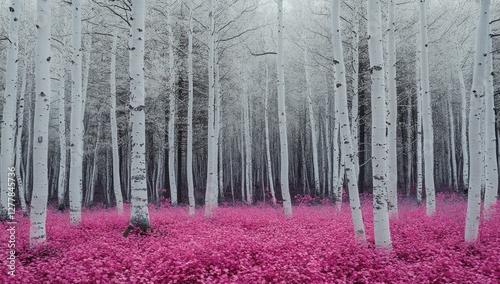 Winter wonderland forest, white birch trees, pink flowers, misty forest background.  Possible use wallpaper, desktop background