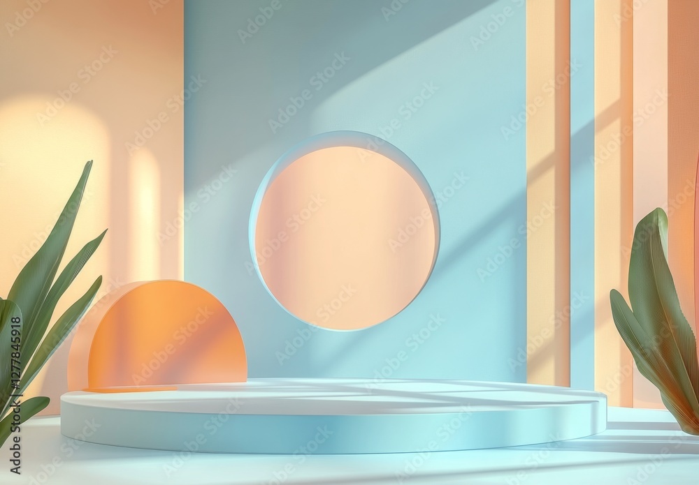 Fototapeta premium Pastel studio display platform, sunlight, plants, mockup