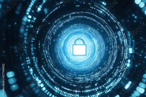 Glowing Blue Padlock on Digital Code Background, Cybersecurity & Data Protection