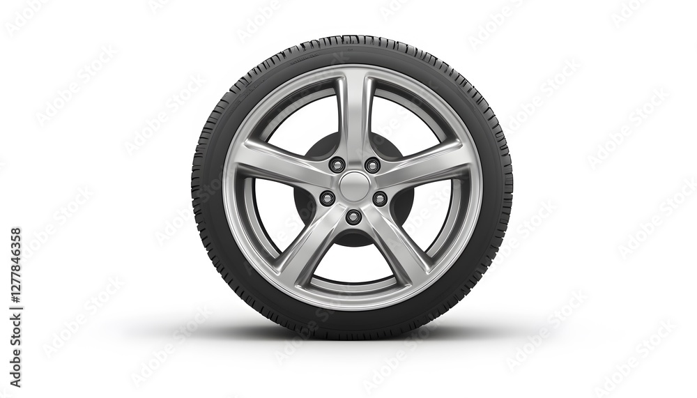 Car wheel with tire and five spoke silver rim Car wheel with tire and five spoke silver rim
