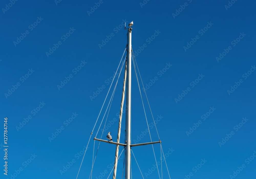 Seagulls perched on sailboat mast against clear blue sky Seagulls perched on sailboat mast against clear blue sky