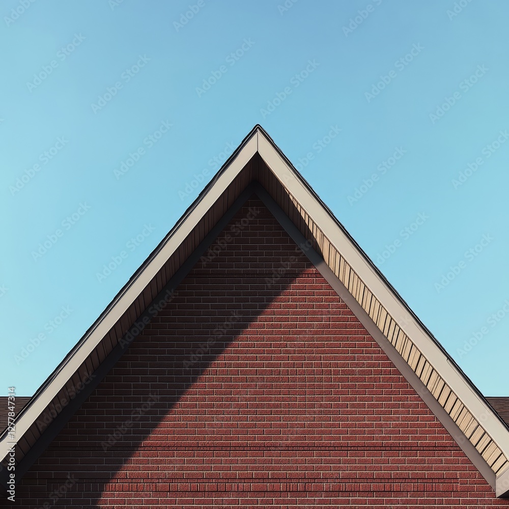 Red brick house with triangular roof against clear blue sky Red brick house with triangular roof against clear blue sky