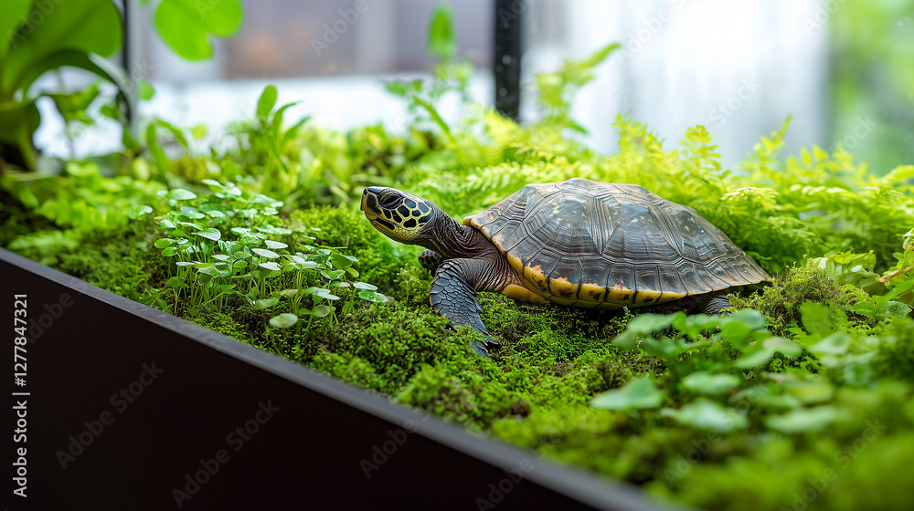 Fototapeta premium Exotic turtle habitat filled with vibrant greenery and foliage