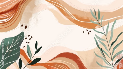 Abstract art background with flowing organic shapes, leaves, and branches