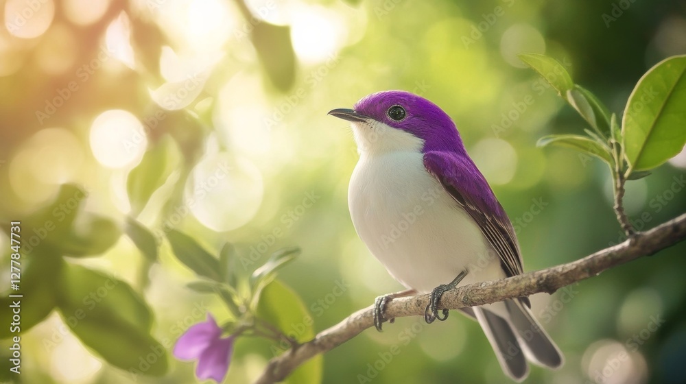 Soft focus portrait of an exotic Purple and white Tropical Bird perched on a tree branch Soft focus portrait of an exotic Purple and white Tropical Bird perched on a tree branch