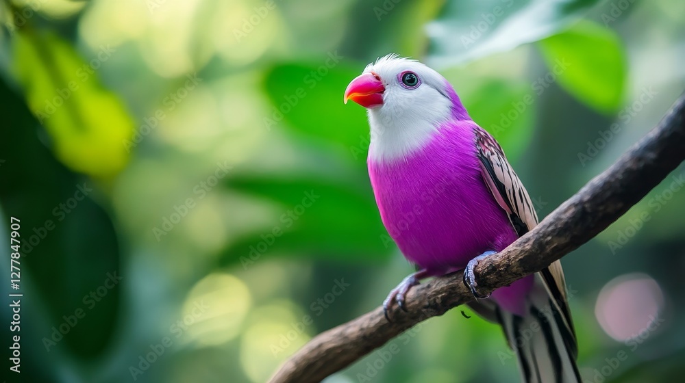 Soft focus portrait of an exotic Purple and white Tropical Bird perched on a tree branch Soft focus portrait of an exotic Purple and white Tropical Bird perched on a tree branch
