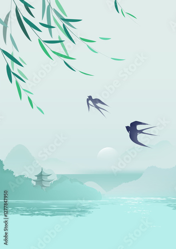 Chinese style vertical illustration design ink landscape willows and swallows