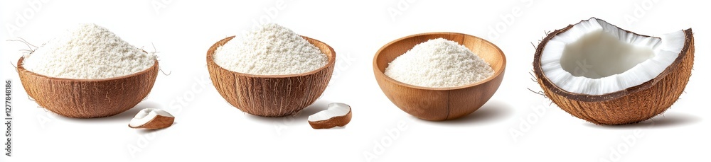 Coconut flour bowls, pieces, white background Coconut flour bowls, pieces, white background