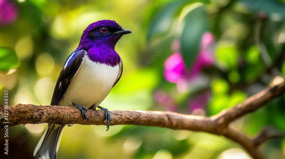 Soft focus portrait of an exotic Purple and white Tropical Bird perched on a tree branch Soft focus portrait of an exotic Purple and white Tropical Bird perched on a tree branch