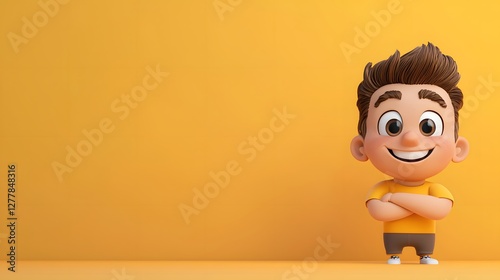 Whimsical 3d cartoon boy in playful environment with yellow background