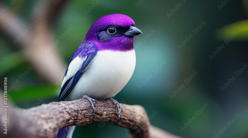 Soft focus portrait of an exotic Purple and white Tropical Bird perched on a tree branch Soft focus portrait of an exotic Purple and white Tropical Bird perched on a tree branch