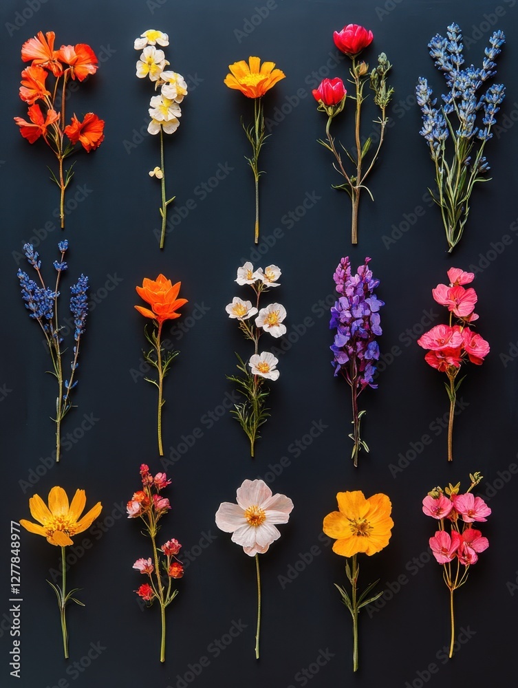 Assorted Wildflower Collection on Dark Background Botanical Beauty Floral Diversity Artistic Arrangement Natural Light Vibrant Colors Captivating Visuals Assorted Wildflower Collection on Dark Background Botanical Beauty Floral Diversity Artistic Arrangement Natural Light Vibrant Colors Captivating Visuals