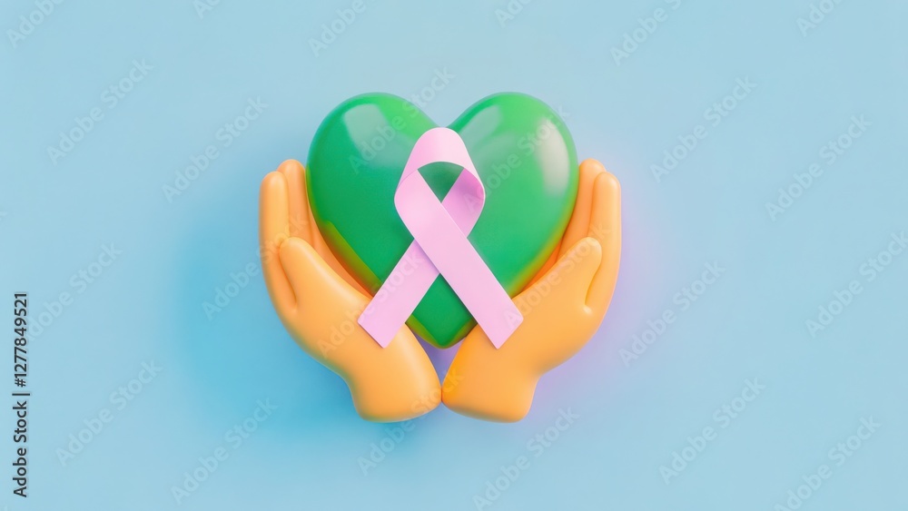 Fototapeta premium cancer awareness healing concep.t Colorful hands hold a green heart with a pink ribbon against a blue background.
