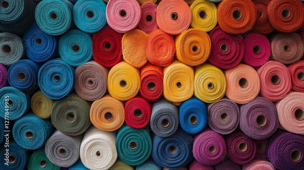 Vibrant array of colorful fabric rolls stacked in rows Vibrant array of colorful fabric rolls stacked in rows