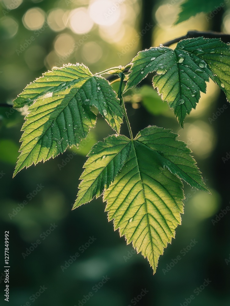 Radiant Maple Leaves Adorned with Dewdrops in a Serene Forest Setting Capturing the Essence of Nature's Beauty and Tranquility Radiant Maple Leaves Adorned with Dewdrops in a Serene Forest Setting Capturing the Essence of Nature's Beauty and Tranquility