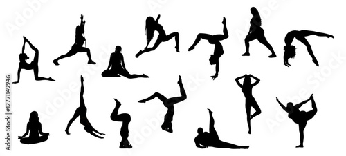 Silhouettes of different sportive young women doing yoga, fitness exercises. Healthy lifestyle. Collection of female vector icons demonstrating various yoga positions isolated