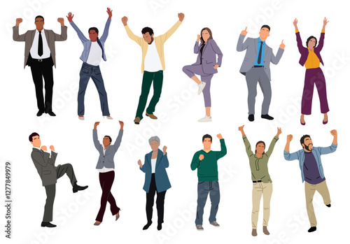 Happy men and women in formal and smart casual office outfits celebrating victory with their arms up. Business team success. Vector flat realistic illustrations Isolated