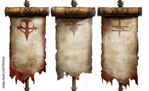 Medieval banners, scrolls, symbols, game design, white background, fantasy game assets