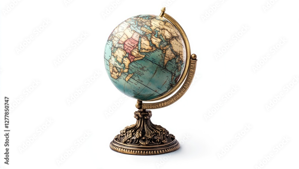 Antique globe on ornate stand, white background, exploration Antique globe on ornate stand, white background, exploration