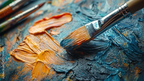 A fluffy white bunny sits near colorful paint. AI.