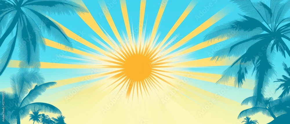 A tropical beach scene with palm trees and a bright yellow sun A tropical beach scene with palm trees and a bright yellow sun