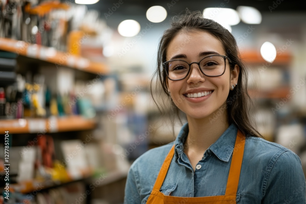 smiling woman worker wearing apron, standing in home improvement store smiling woman worker wearing apron, standing in home improvement store